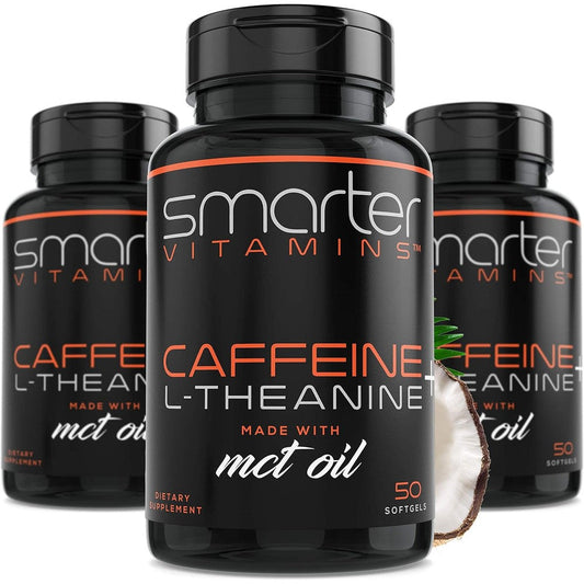 SmarterVitamins Caffeine and L-Theanine three pack bottles front view nootropic supplements for focus
