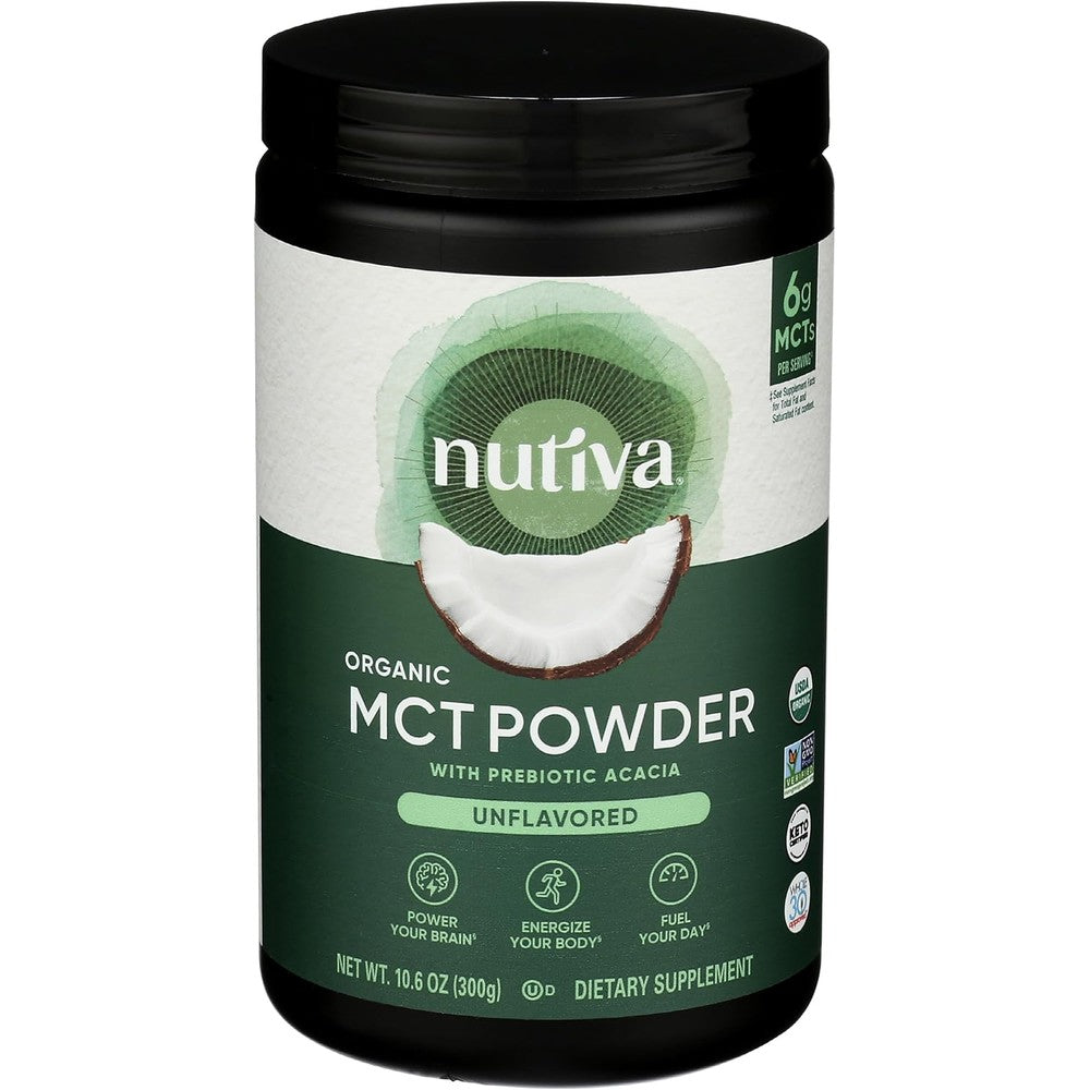 Nutiva Organic MCT Powder front view packaging showing prebiotic acacia fiber benefits.