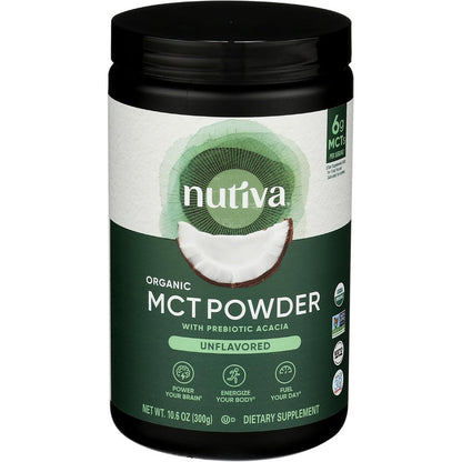 Nutiva Organic MCT Powder front view packaging showing prebiotic acacia fiber benefits.