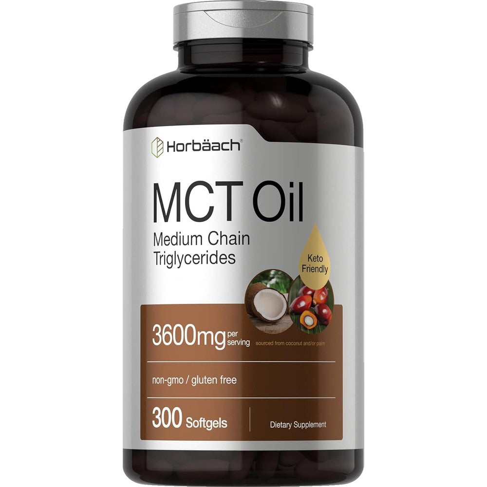 Horbäach Keto MCT Oil Capsules 300 softgels bottle front view showcasing clean label design.