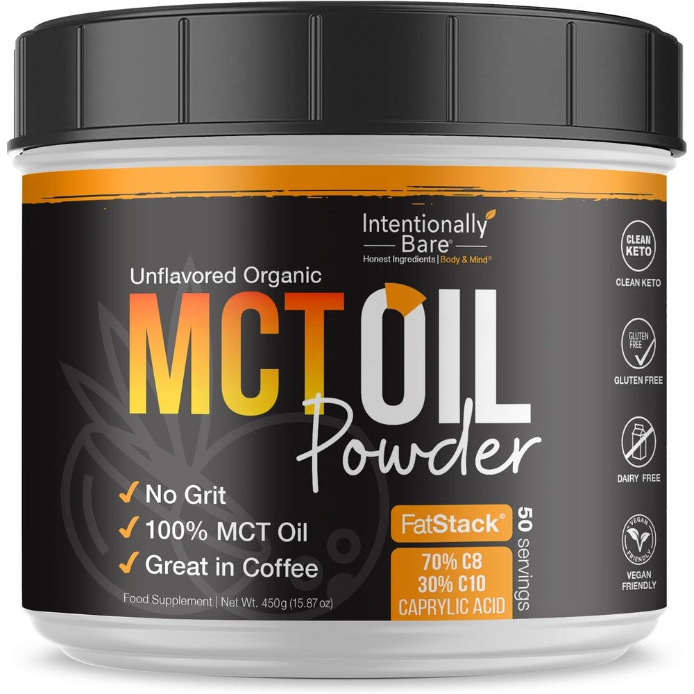Intentionally Bare organic MCT oil powder front view 450 grams container