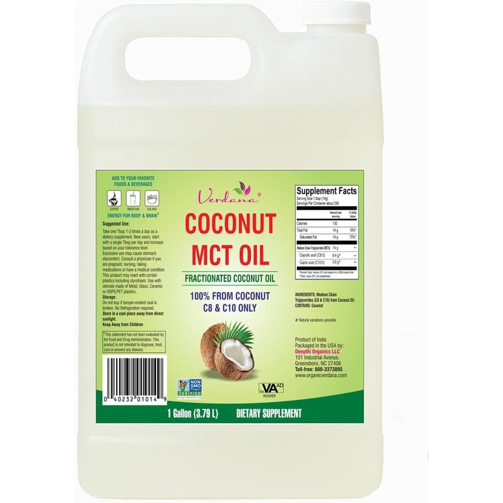 Verdana fractionated coconut MCT oil front view of 1 gallon container