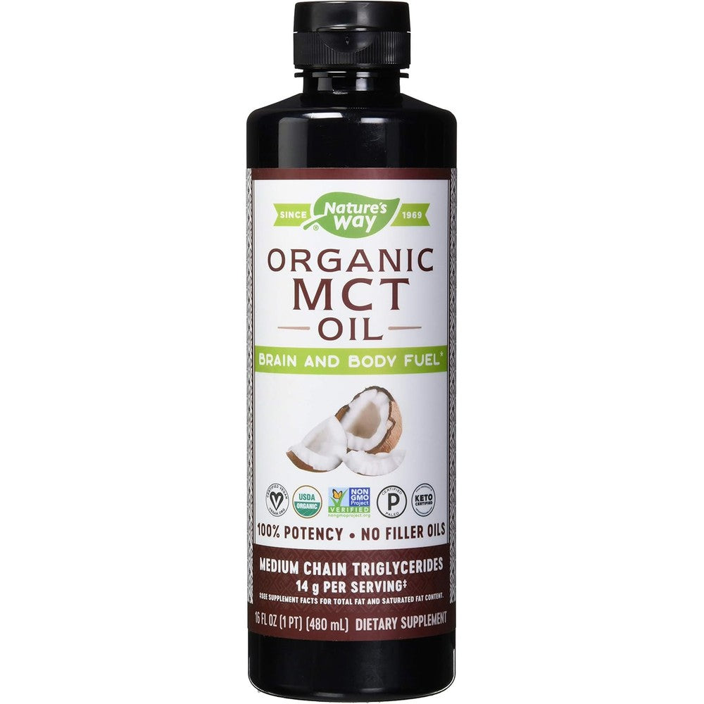 Natures Way organic MCT oil front view bottle with 16 fluid ounce label