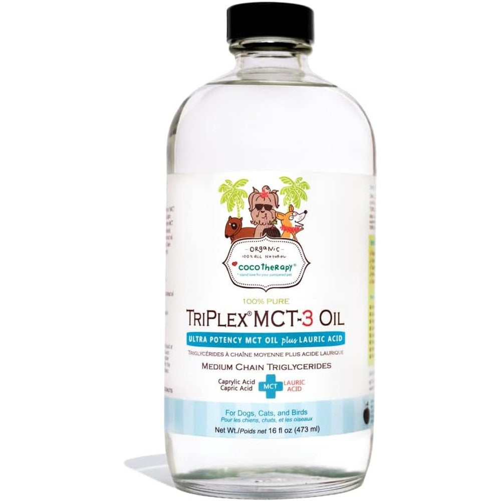 CocoTherapy Triplex MCT 3 Oil 16 Fluid Ounce bottle front view pet supplement