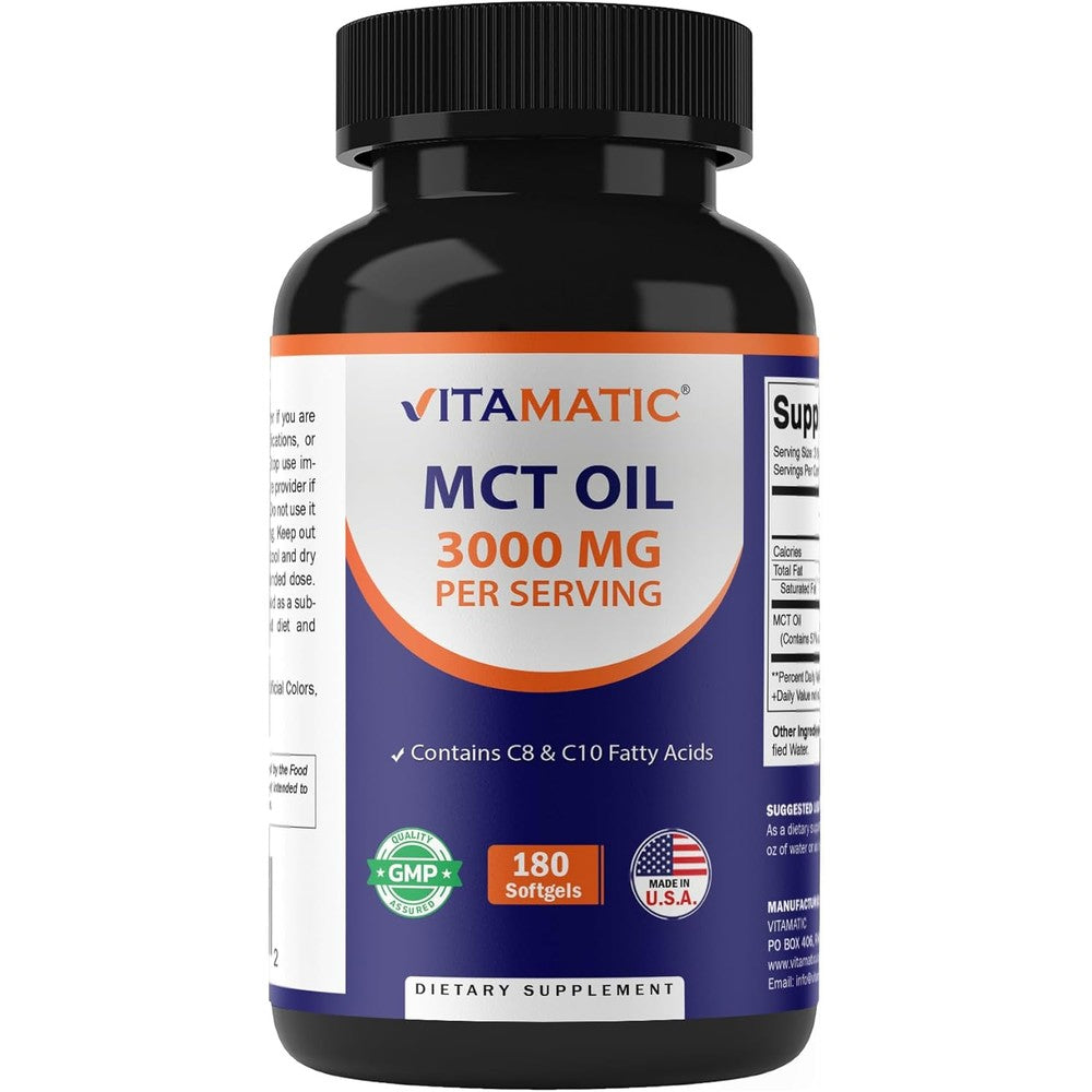 Vitamatic MCT oil 3000 mg 180 softgels bottle front view supplement