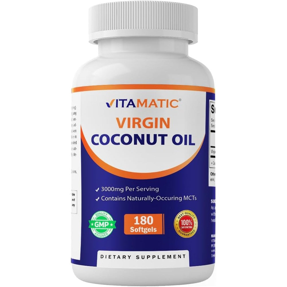 Vitamatic virgin coconut oil softgels front view bottle packaging