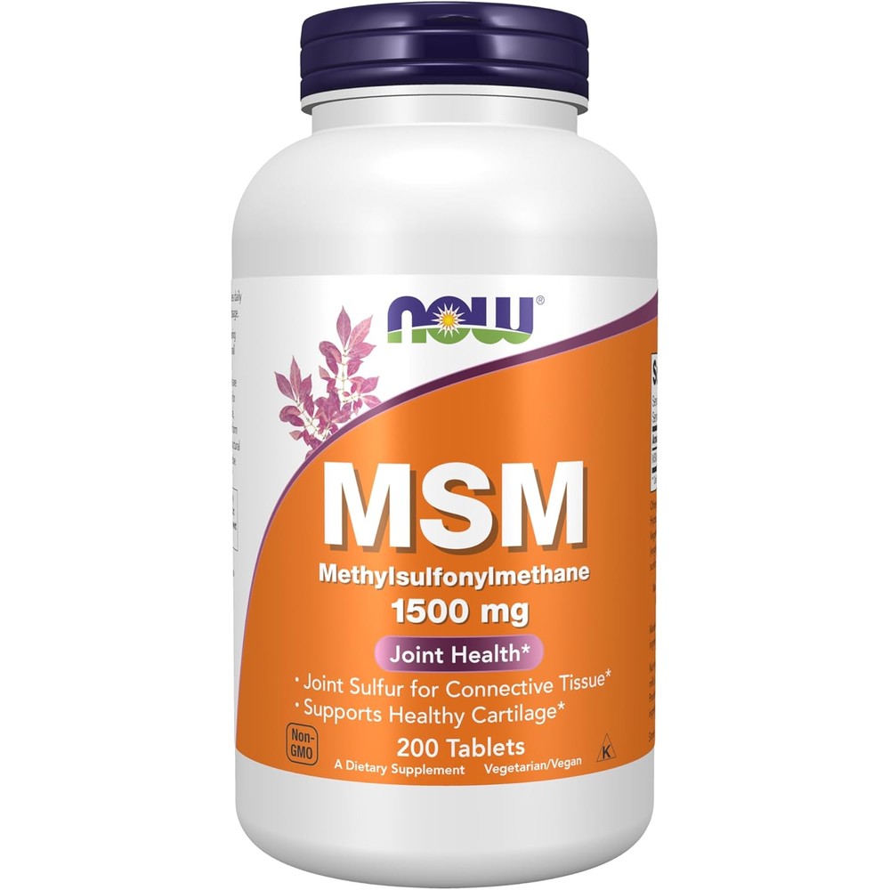 NOW Foods MSM 1500 mg 200 tablets front view bottle packaging for joint health supplement.