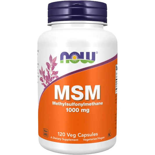 NOW Foods MSM 1000mg 120 vegetarian capsules front bottle view for joint mobility support