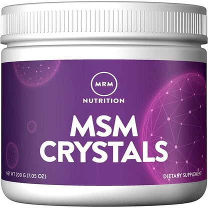 MRM Nutrition MSM Crystals front view container showing 200 servings of joint supplement powder.