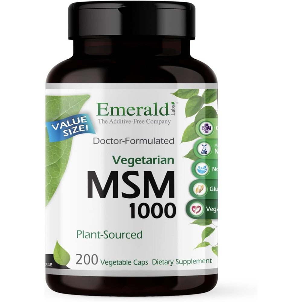 Emerald Labs MSM 1000mg 200 Vegetable Capsules front bottle view supplement