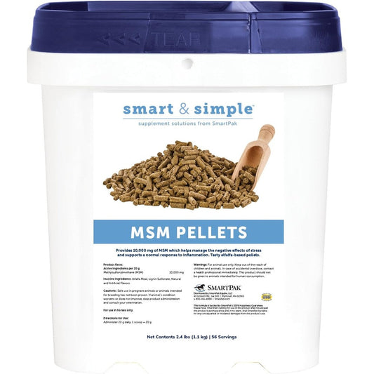 SmartEquine Smart and Simple MSM Pellets front view bucket showcasing horse joint supplement packaging.