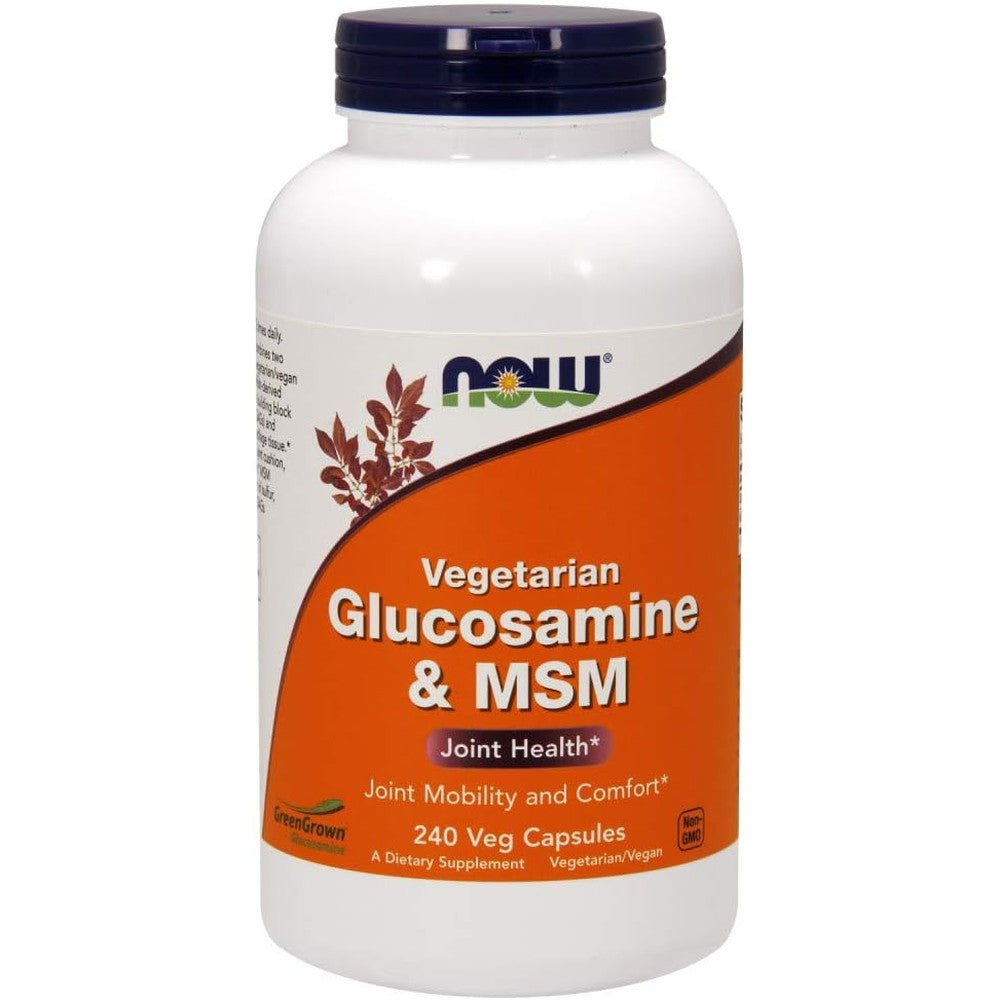 NOW Foods Vegetarian Glucosamine and MSM Joint Health 240 veg capsules front label showing non-shellfish formula.
