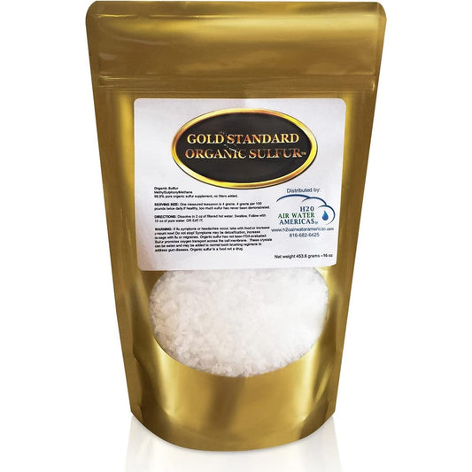 H2o Air Water Americas Gold Standard Organic Sulfur Crystals front view of the premium gold pouch for joint health support.