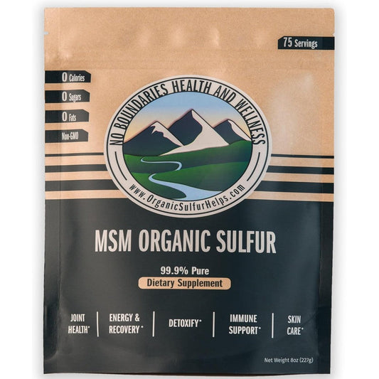 No Boundaries Health and Wellness MSM Organic Sulfur Crystals front view premium dietary supplement