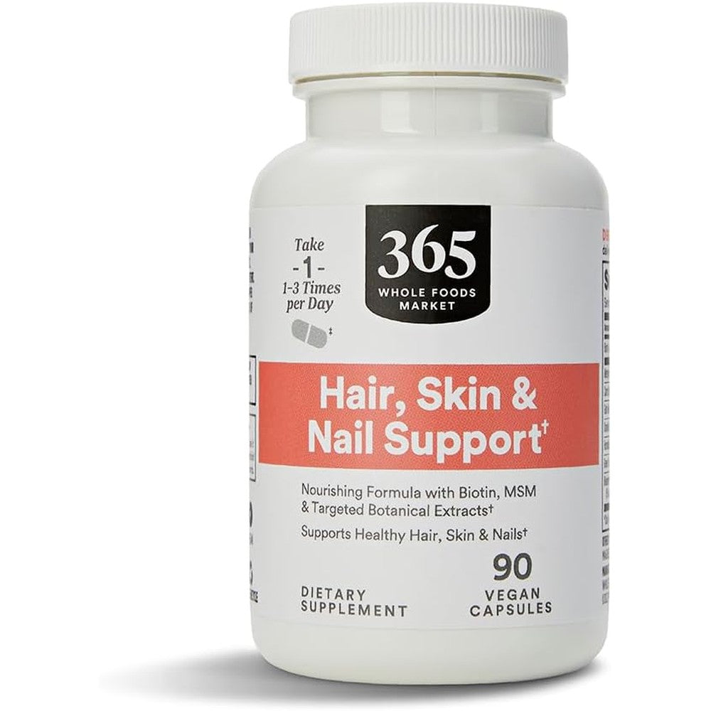365 by Whole Foods Market Hair Skin and Nails Biotin 2000 mcg 90 vegetarian capsules front view bottle showing premium beauty supplement packaging