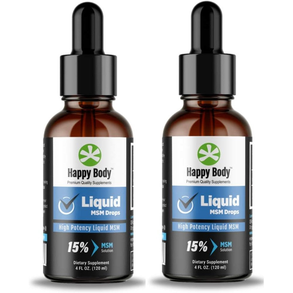 Happy Body liquid MSM drops front view showing amber glass bottle and label
