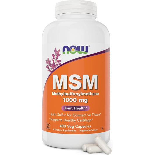 NOW Foods MSM 1000 mg 400 veggie capsules front bottle view for joint health