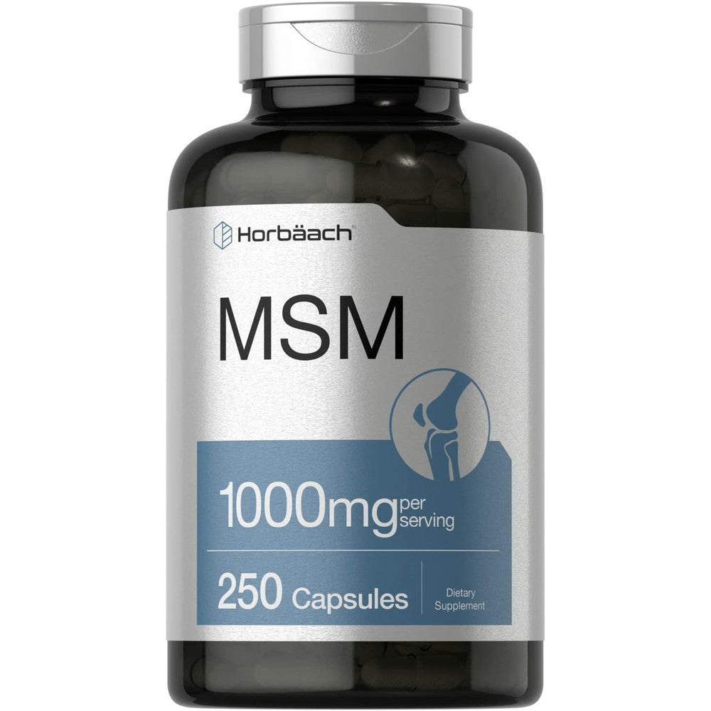 Horbäach MSM 1000mg supplement bottle front view showcasing capsule count