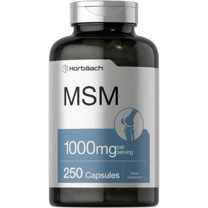 Horbaach MSM 1000mg 250 veggie capsules bottle front view for joint health