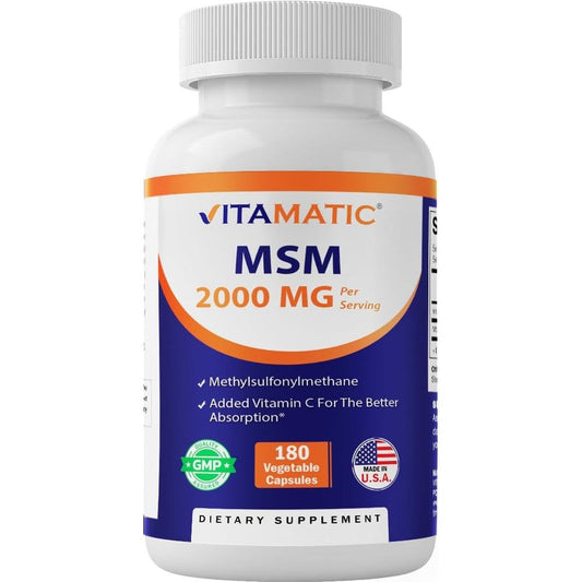 Vitamatic MSM 2000mg and Vitamin C 180 vegetarian capsules front view showing orange and blue joint health packaging