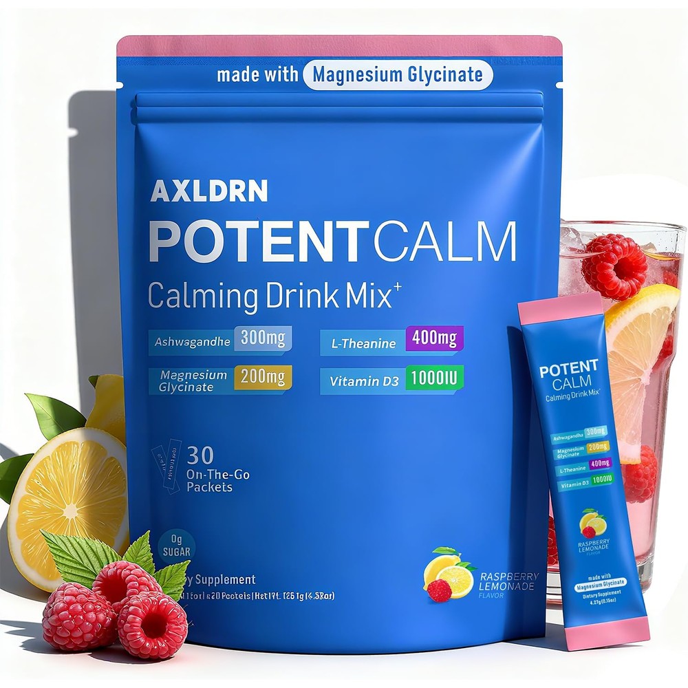 Sutrtcosg Axldrn PotentCalm powder front packaging showing magnesium and ashwagandha formula.