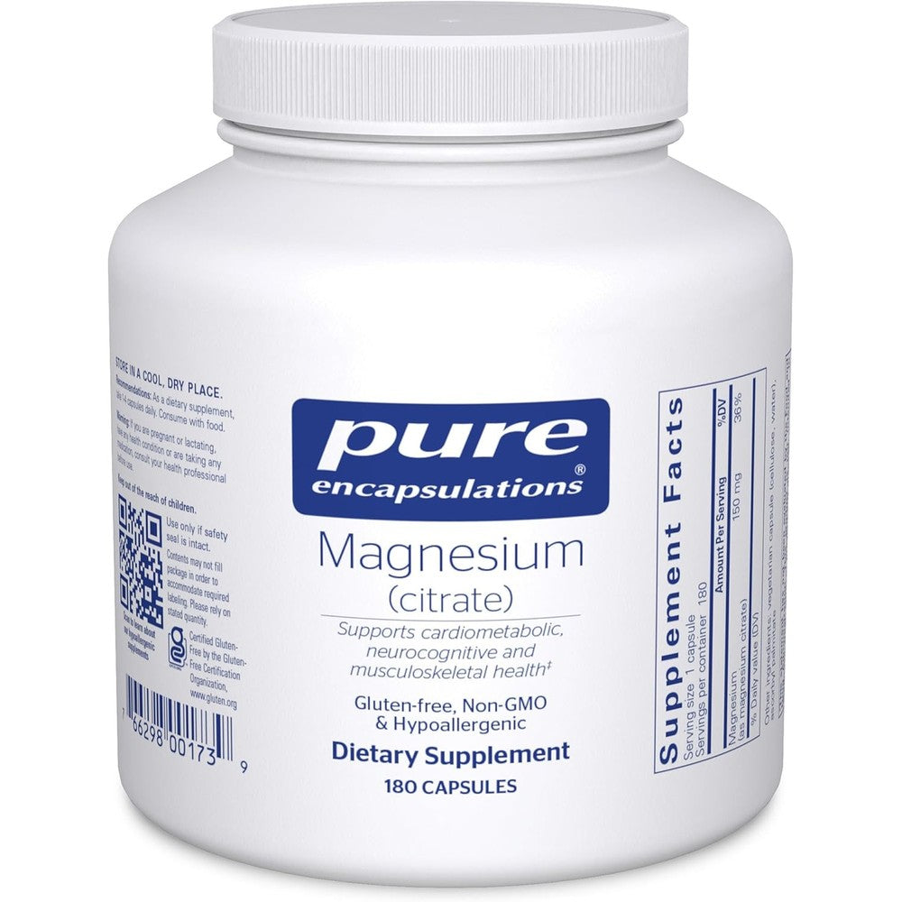 Pure Encapsulations Magnesium Citrate 180 capsules front view bottle showing premium dietary supplement for muscle relaxation.