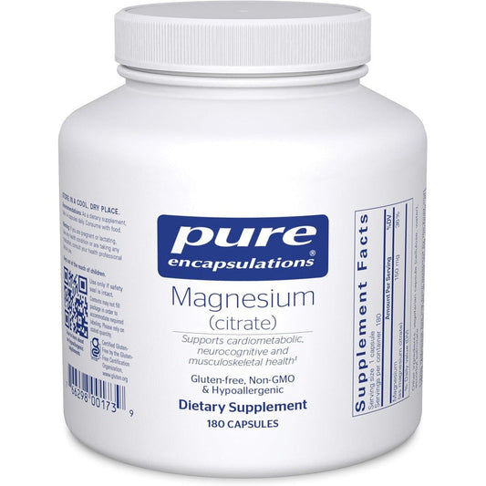 Pure Encapsulations Magnesium Citrate 180 capsules front view bottle showing premium dietary supplement for muscle relaxation.
