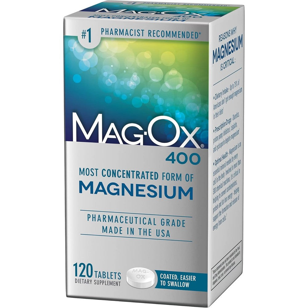 Mag-Ox 400 Magnesium Mineral Dietary Supplement 120 Tablets front view showing packaging details.