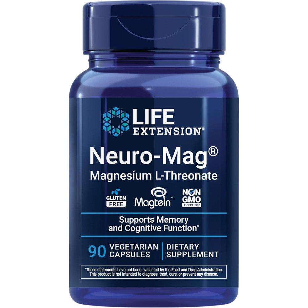 Life Extension Neuro-Mag Magnesium L-Threonate front view bottle of brain health supplement.