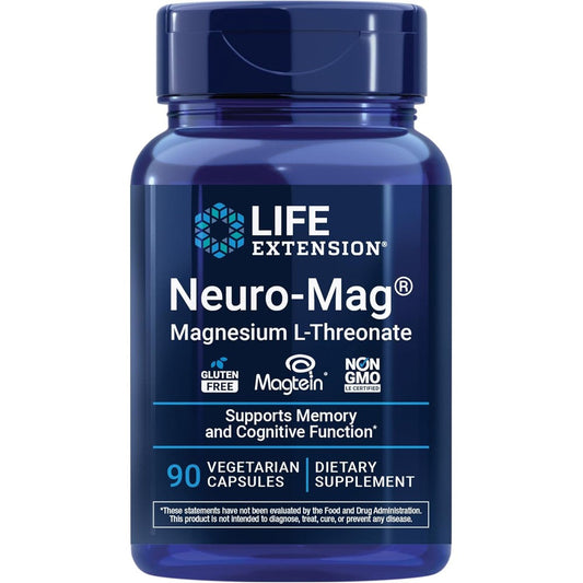 Life Extension Neuro-Mag Magnesium L-Threonate front view bottle of brain health supplement.