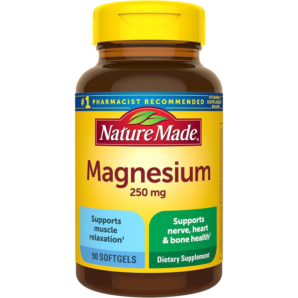 Nature Made Magnesium 250 Milligrams dietary supplement front yellow bottle view