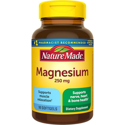 Nature Made Magnesium 250 Milligrams dietary supplement front yellow bottle view