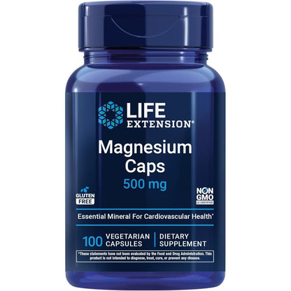 Life Extension Magnesium Caps 500 mg front view bottle showing 100 vegetarian capsules for dietary supplement needs.