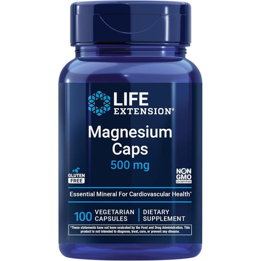 Life Extension Magnesium Caps 500 mg front view bottle showing 100 vegetarian capsules for dietary supplement needs.