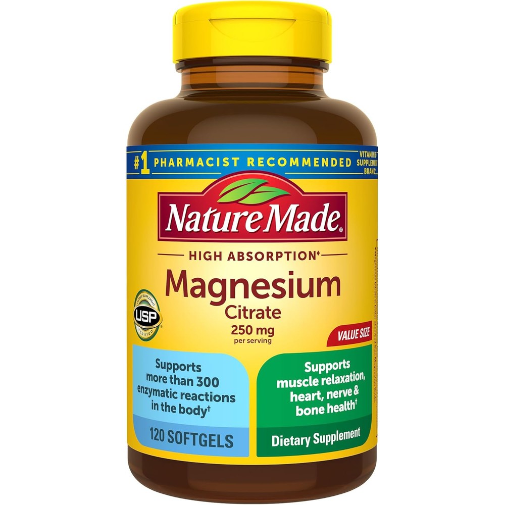 Nature Made Magnesium Citrate 250 mg 120 softgels front bottle view showing the signature yellow label with red lettering.
