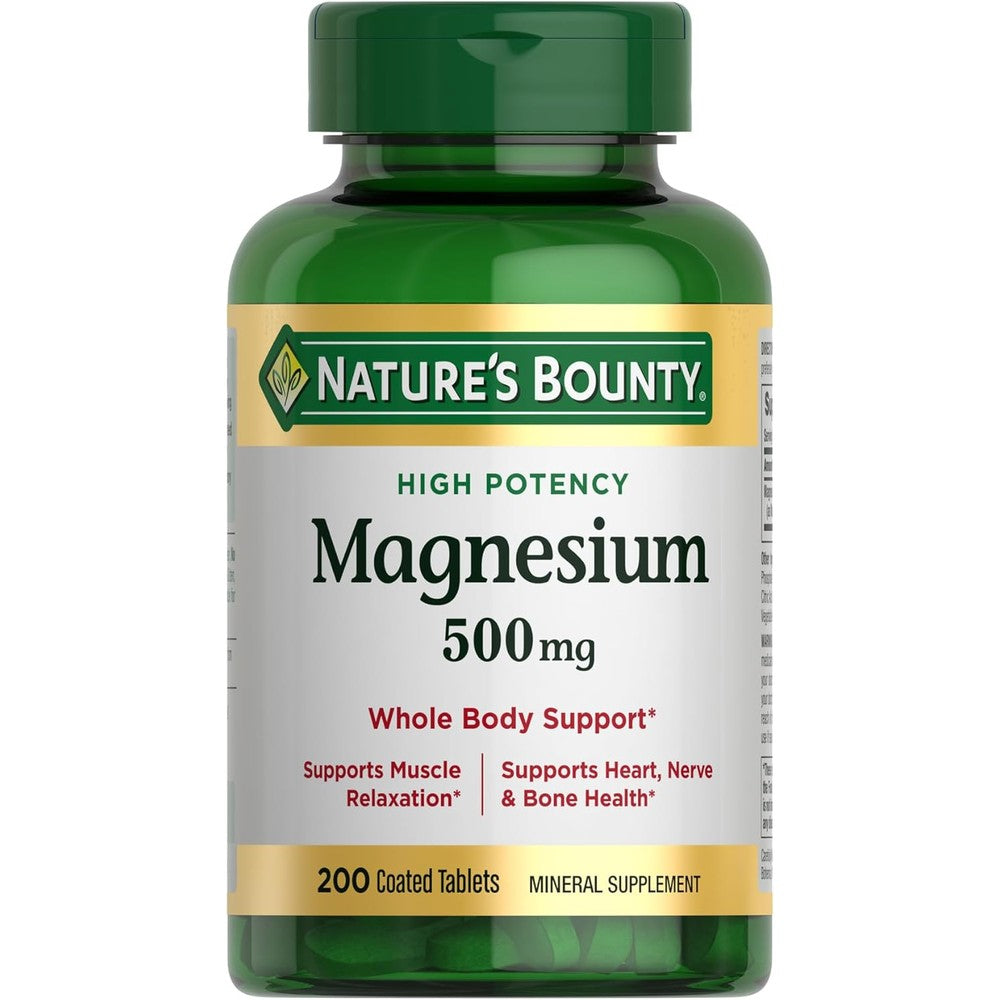 Nature's Bounty Magnesium 500 mg 200 Tablets front bottle view showing high potency muscle health support.