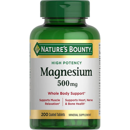 Nature's Bounty Magnesium 500 mg 200 Tablets front bottle view showing high potency muscle health support.