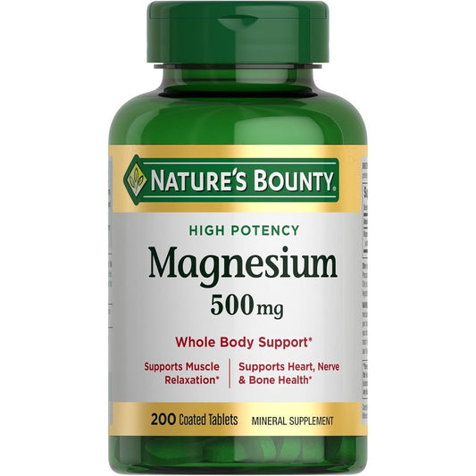 Nature's Bounty Magnesium 500 mg 200 Tablets front bottle view showing high potency muscle health support.