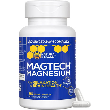 Natural Stacks MagTech Magnesium Complex 90 vegetarian capsules front bottle view for cognitive health.