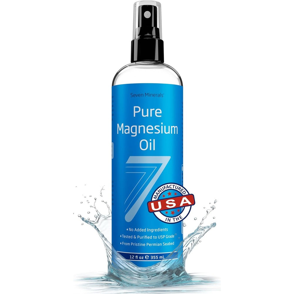 Seven Minerals Pure Magnesium Oil Spray 12 Fluid Ounce bottle front view for topical pain relief