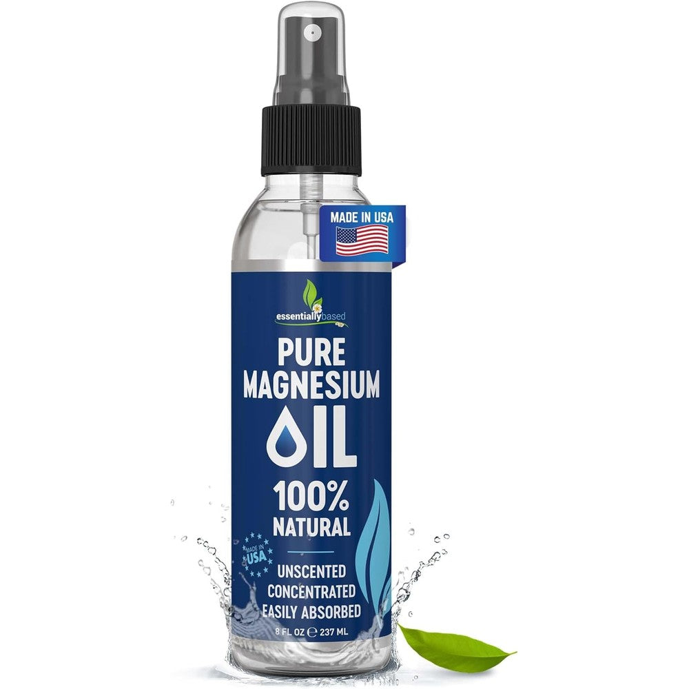 Essentially Based Pure Magnesium Oil Spray front view packaging for muscle pain relief.