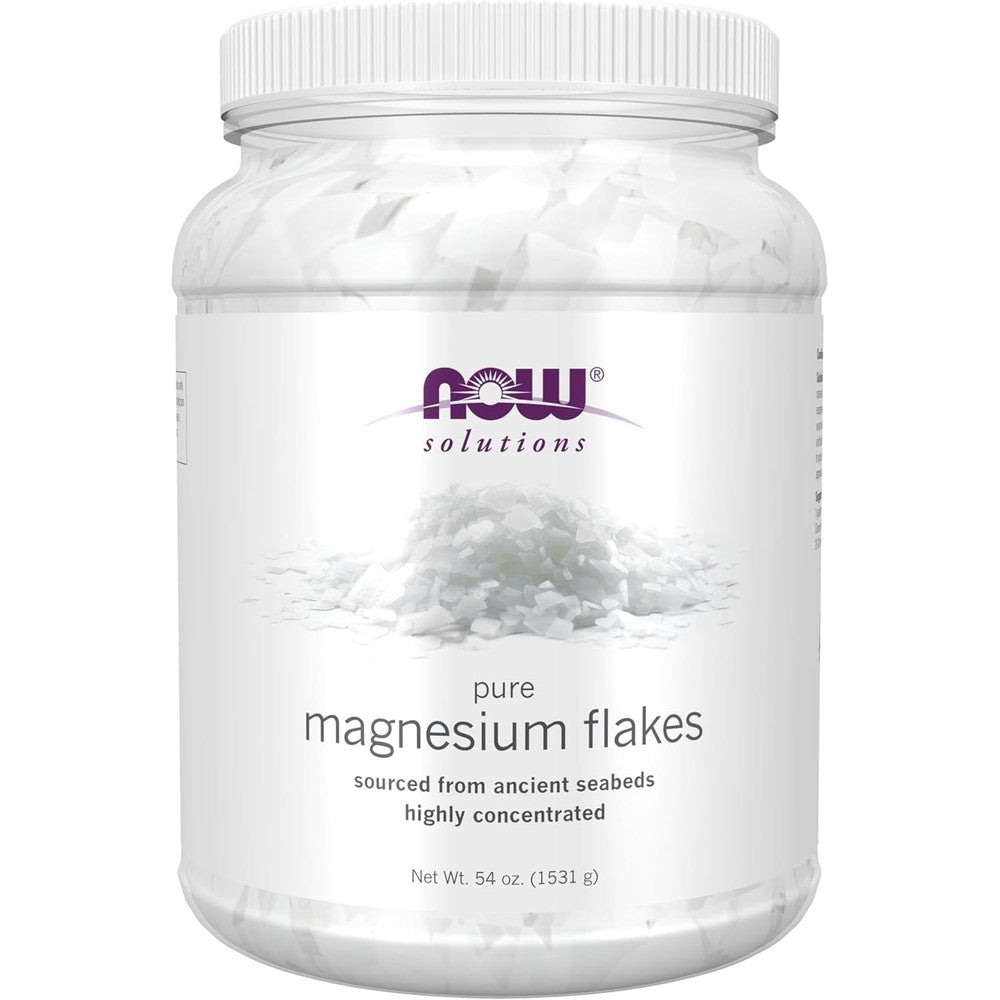 NOW Foods Pure Magnesium Flakes 54 Ounce front view jar showing ancient Zechstein seabed source