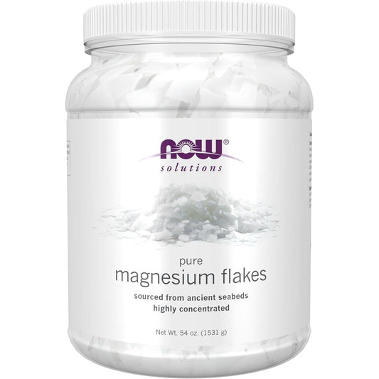 NOW Foods Pure Magnesium Flakes 54 Ounce front view jar showing ancient Zechstein seabed source