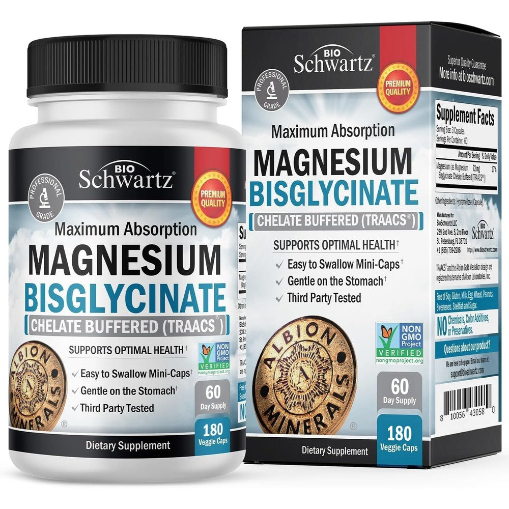 BioSchwartz Magnesium Bisglycinate 180 veggie capsules front bottle view