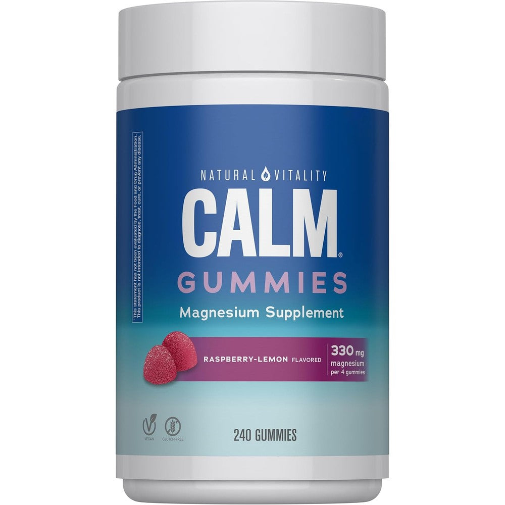Natural Vitality Calm Magnesium 240 Gummies front bottle view showing raspberry lemon stress support supplement