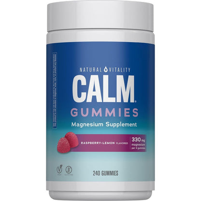 Natural Vitality Calm Magnesium 240 Gummies front bottle view showing raspberry lemon stress support supplement