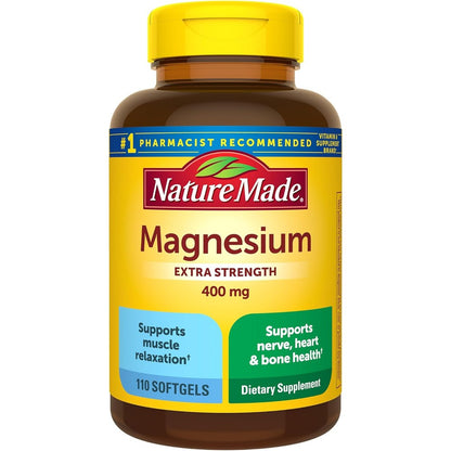 Nature Made Extra Strength Magnesium Oxide 400 Milligrams bottle front view showing product labels and benefits.