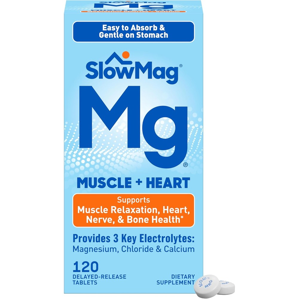 Slow-Mag Muscle and Heart Magnesium Chloride front view bottle showing one hundred twenty tablets count packaging