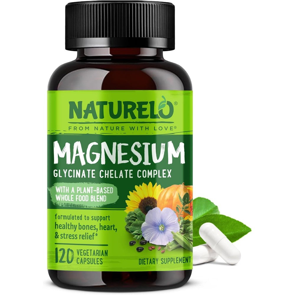Naturelo Magnesium Glycinate Chelate Complex 120 capsules front view showing plant based blend label