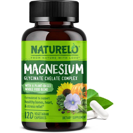 Naturelo Magnesium Glycinate Chelate Complex 120 capsules front view showing plant based blend label